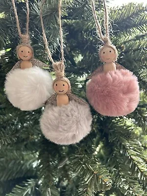 Heaven Sends Set Of 3 Christmas Pink White Grey Pom Pom Fairy Tree Decorations • £9.50