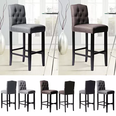 Tall Barstools Linen Button Tufted Backrest Pub High Chairs Breakfast Bar Stools • £85.95