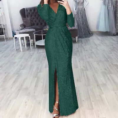 Womens V Neck Sequin Dress Ladies Holiday Evening Party Gown Long Maxi Dresses • $48.59