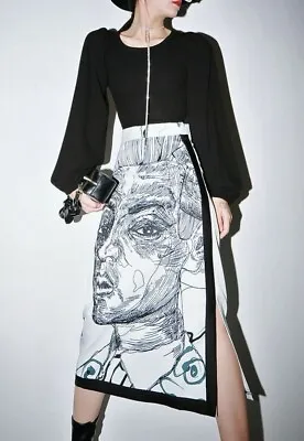 Black White Arty Urban Chic Portrait Face Glam High Waist Split Midi Skirt  12 • £74.99