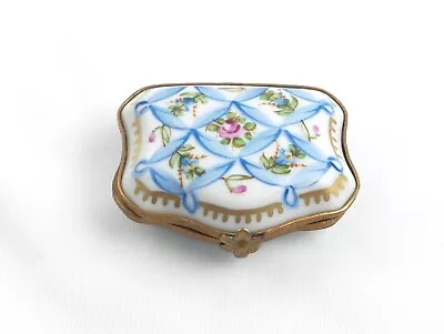 Vintage Limoges Peint Main France Hinged Trinket Box Pink Flowers Blue Ribbons • $45