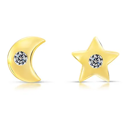 10K Real Solid Yellow Gold Star Moon CZ Sleeper Studs Earrings Screw-back • $52.49