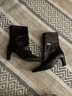 Womens Brown Leather Boots Zipper Buckles High Heels Amanda Smith Mid-Calf • $35