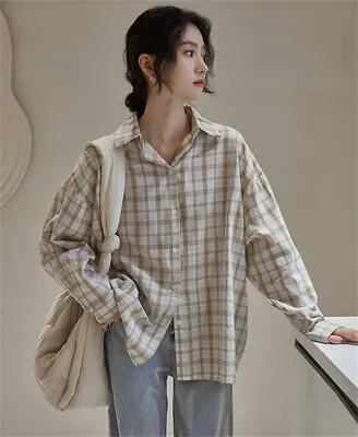 Women's Fall Korean Check Long Sleeve Loose Vintage Button Down Shirt Blouse Top • $12.40