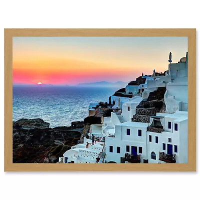 £17.98 • Buy Photo Scenic Sunset Oia Santorini Greece Buildings Framed A4 Wall Art Print