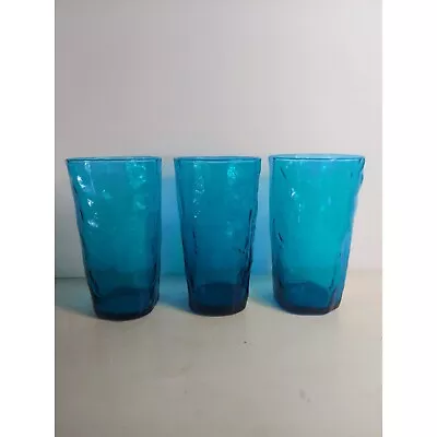 3 Morgantown Crinkle Peacock Blue 5 1/2  Flat Iced Tea Tumblers 12 Fl Oz • $24.99