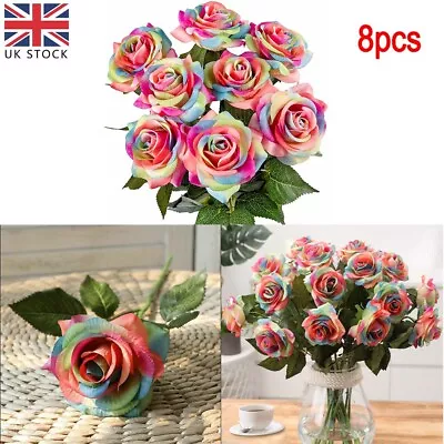 8Pcs Rainbow Artificial Rose Colorful Fake Flowers Bouquets Home Party Decor UK • £11.99