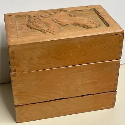 Vtg 60's-70's Hand Carved Horse Wooden Handcrafted Hinged Trinket Recipe Box • $14.99