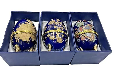 Faberge Inspired Trio Boxed Blue Decorative Blue  Eggs 3.75 Inches Tall Gift Set • £14.99