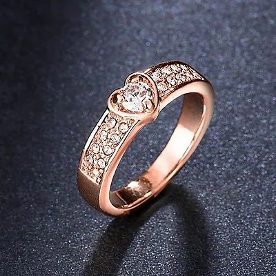 Love Heart Ring 14K Rose Gold Plated Wedding Anniversary Christmas Gift • £3.49