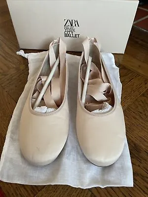 ZARA Beige Satin Ballet Flats With Lace Wrap Around Lightly Worn • $9