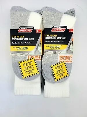Dickies Nano Glide Steel Toe Crew Performance Work Socks White/Grey 6-Pr Sz 6-12 • $26.99