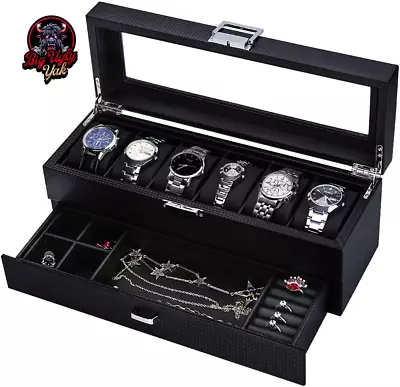 Watch Box Organizer For Men6 Slot Watch Storage Case With Jewelry Drawer2-Laye • $35.99