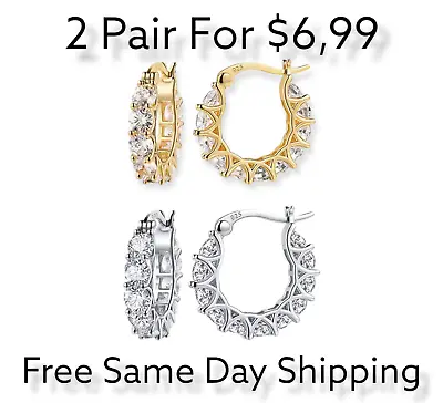 2Pair Gold Silver Plated Hoop Earrings With Cubic Zirconia For Men Women Unisex • $6.99