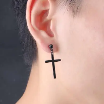 Women Mens Hip Hop Black Cross Crucifix Religious Christian Dangle Drop Earrings • £3.83
