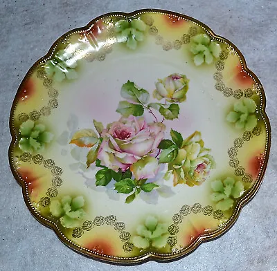 Vintage Rs Prussia Gold Gilt 12  Cabinet Plate Charger Nickle Mark Pink Roses • £38