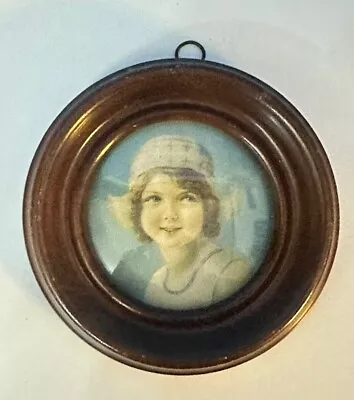 Vintage Small 5” Round Wood Picture Frame Girl In A Bonnet Bubble Glass Decor • $24.95