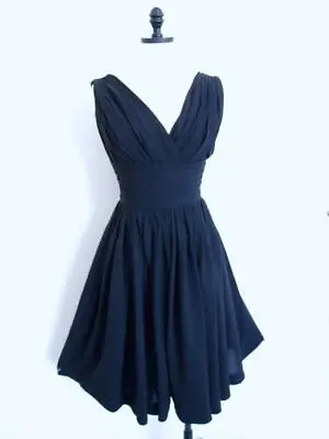 Vintage 50s Miss Elliette Black Cocktail Dress XS Bombshell Ruched Full Skirt • $89.99