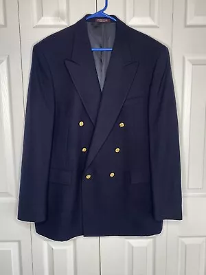 Men's Evan Picone Wool Blazer Navy Blue Double Breasted Gold Tone Buttons Sz 46 • $32