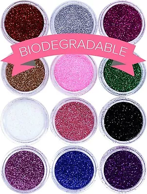 12 Loose Fine Glitter Dust Pots Nail Art Eye Shadow Face Body Set Biodegradable  • £8.95