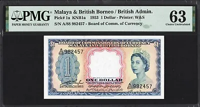 Malaya British Borneo 1 ONE Dollar P1a KNB1a QE2 1953 PMG63 Choice UNC QUEEN • $427.99