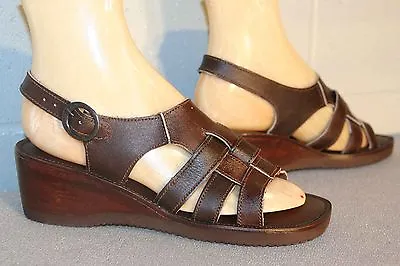 NOS Sz 6.5 Vtg 1970s 7.5 Sandal Shoe Wood Wedge Heel Brown Leather 3-STRAP WOVEN • $50.57