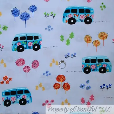 BonEful FABRIC FQ Cotton Quilt White Blue Pink Baby Boy Girl VW Bug Car Van Bus • $8.75