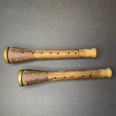 2 Antique 1860s-1880s Cotton Mill Spindle Oak Brass & Hickory Bobbin Spindles • $49.99