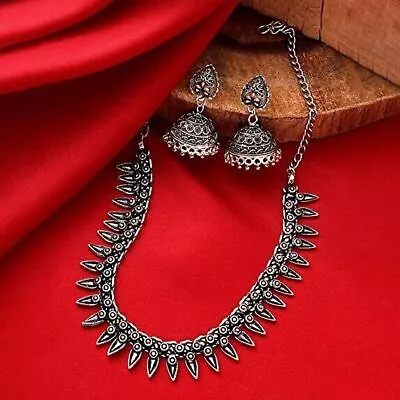 Bollywood Oxidized Silver Plated Chain Necklace With Jhumki Earrings Jewelry Set • $25.71