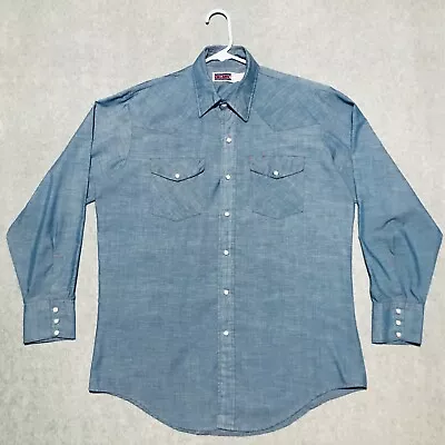 Vintage BIG MAC PEARL SNAP Western Shirt Mens Large Blue Denim Chambray Workwear • $24.99