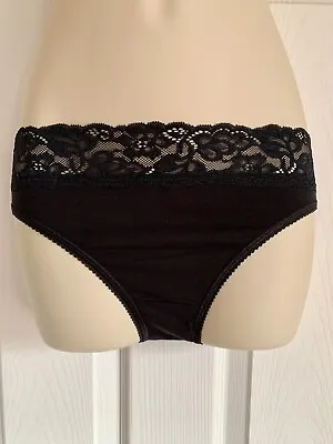 EX M*S Black Cotton Rich Lace Waist High Leg Knickers Sizes 8 12 14 • £4.49