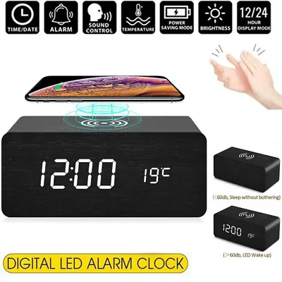 $37.58 • Buy Qi Wireless Charging LED Digital Alarm Clock Phone Charger Station Voice Control