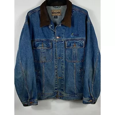 Vintage King Louie Outerwear Bass Embroidery Denim Leather Collared Jacket XL D2 • $71.10