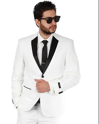 Slim Fit 2 Button White With Black Notch Lapel Collar Tuxedo Dinner Jacket AZAR • $59