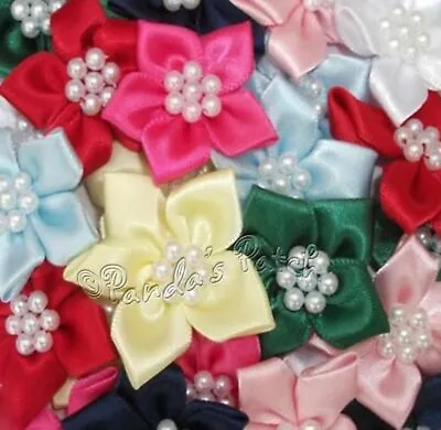 Satin Ribbon Poinsettia Flowers With Pearl Beads Choose Your Colour & Pack Size • £1.55