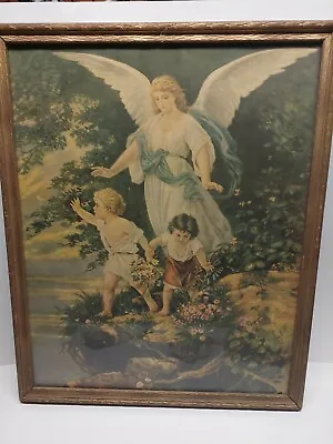 Framed 1940’s “The Guardian Angel” With Child On Cliff.  Litho 17.5  X 21.5   • $98