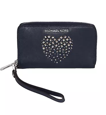 MICHAEL KORS Blue Studded Heart Zip Around Leather Wallet Wristlet • $64.95