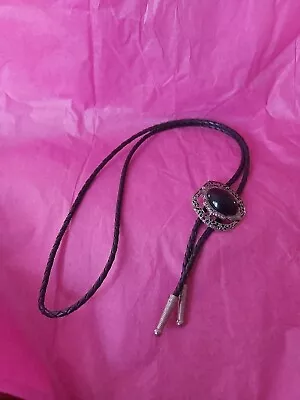 Vtg Western Cowboy Black Stone&metal Leather String Bolo Tie • $25