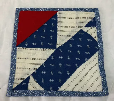 Vintage Antique Patchwork Mini Quilt Table Topper Triangles Blue Red • $4.95