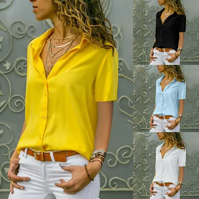 $14.83 • Buy Womens Chiffon V Neck Tops Ladies Long Sleeve Buttons T Shirt Blouse Plus Size