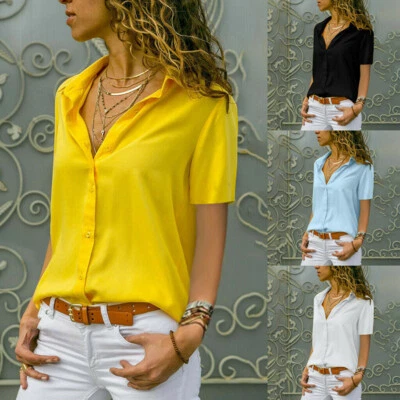 $14.83 • Buy Womens Chiffon V Neck Tops Ladies Long Sleeve Buttons T Shirt Blouse Plus Size