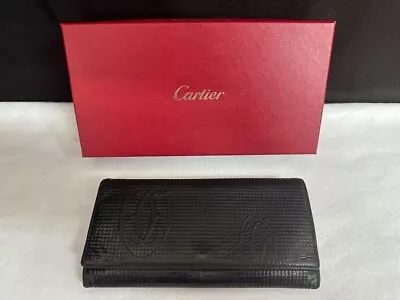 MUST DE CARTIER Happy Birthday Black Long Wallet Enamel Leather Embossed Women's • $123.20