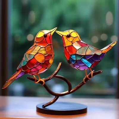 Stained Acrylic Birds On Branch Desktop Ornaments Colorful Birds Metal Art Craft • $14.99