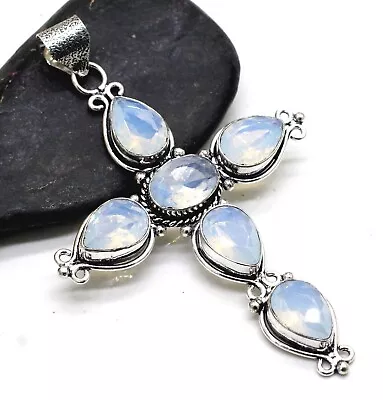 925 Sterling Silver Opalite Gemstone Handmade Jewelry Cross Pendant Size-3 • $14.53