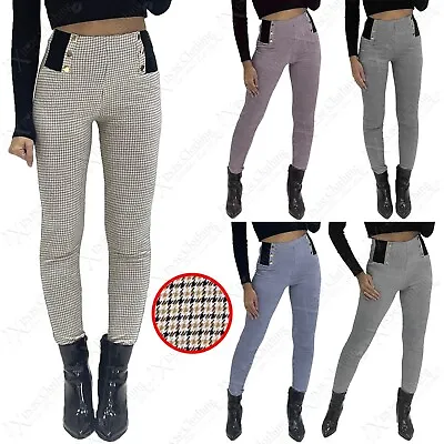 New Ladies Gold Buttons Dogtooth Trousers Check Print Full Length Smart Pants • £9.99