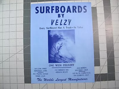 Vtg Surfing Ephemera - 1960s Surfboards By Velzy Flyer Poster • $350