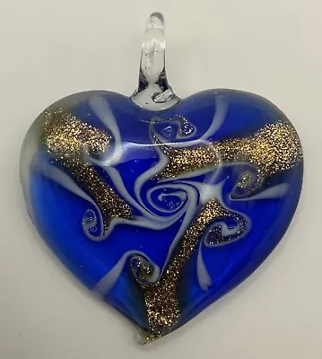 Glass Heart Shaped Pendants Blue White & Gold Swirls • $12.42