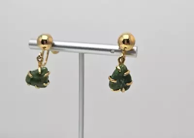 Vintage JADE SCREW BACK Dangle Earrings- Gold Tone Natural Dark Green Stone • $12.99