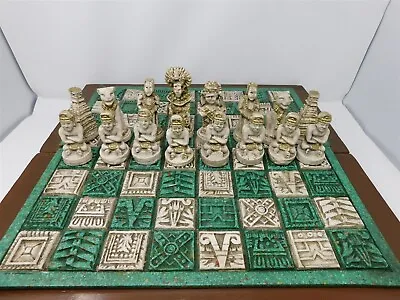 Mayan Aztec Conquistador Folding Chess Set Resin And Wood Green/cream Vintage • $100