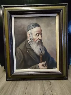 Antique Oil On Canvas Rabbi Holding Pipe • $370